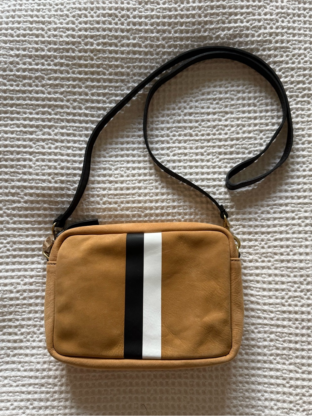 Clare V. Nubuck Tan Leather Midi Sac Crossbody Bag with Black and White Stripe